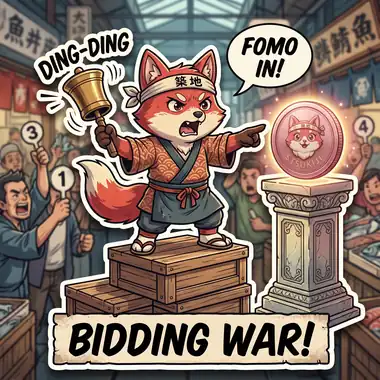 Sticker: the mascot ringing an auction bell on a crate — BIDDING WAR!
