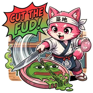 Sticker: the mascot filleting a green frog — CUT THE FUD!